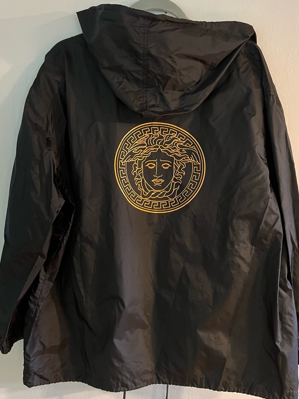 Versace Black Hooded Raincoat with Gold Medusa Logo Back